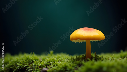 Wallpaper Mural Vibrant yellow mushroom with red cap center grows in lush green mossy forest floor Torontodigital.ca