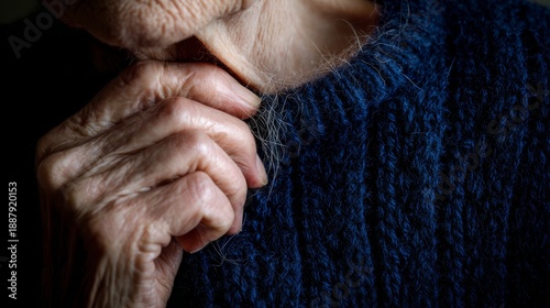 Hairloss aging woman hand holding sweater with visible hair in office light showing stress health menopause concerns realistic daily life detail highlighting texture fabric natural human aging concept