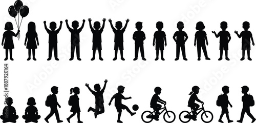 Children silhouettes collection showing playful kids standing walking jumping cycling balloon holding activities isolated black figures on white background illustration