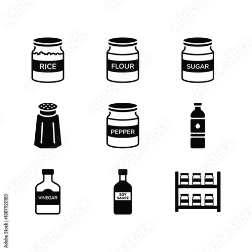 Kitchen pantry seasoning and food storage solid glyph icon set

