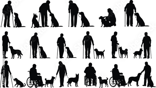 Disabled people and guide dogs silhouettes showing mobility assistance, companionship, independence, rehabilitation, inclusion, accessibility, support, service animal partnership concept