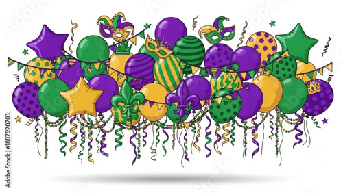 Vibrant mardi gras celebration balloons and masks in purple green and gold hues with ribbons and streamers on white background