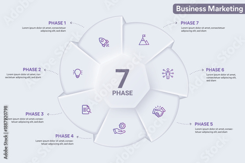 Neumorphism Infographic With 7 Options, Steps, Parts, Segments. Pie Chart Infographic Vector Illustration for Business Presentation, Annual Report Etc.