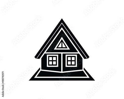Stylized Black and White Icon of a Triangular Roof House with Windows Keywords: house icon, building icon, home icon
