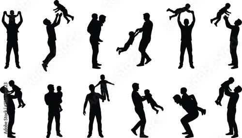 Father and child silhouette collection, playful parenting moments, family bonding, joyful interaction, love, care, protection, happiness, childhood, lifestyle, concept, isolated