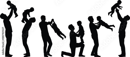 Father and child silhouette sequence, playful parenting actions, family bonding poses, love, care, joy, protection, happiness, childhood, lifestyle concept