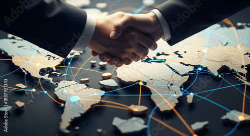 Businessmen Shaking Hands Over a Stylized 3D World Map with Global Network Lines Representing International Partnership and Global Trade Cooperation