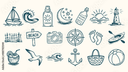Hand-Drawn Summer Beach Doodle Vector Set – Tropical Ocean Waves, Palm Trees, Shells, Crabs & Surf Icons for Vacation, Apparel & T-Shirt Design