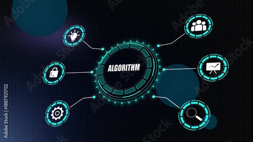 Business algorithm and corporate strategy concept, digital glowing interface with marketing icons, innovative management, data analysis and automated solution