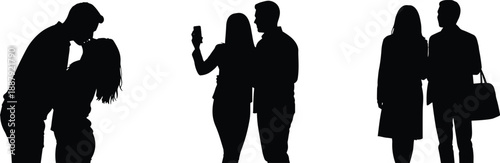 Romantic couple silhouette moments, love relationship poses, kissing, selfie, walking together, affection, dating lifestyle, emotional connection, modern romance concept