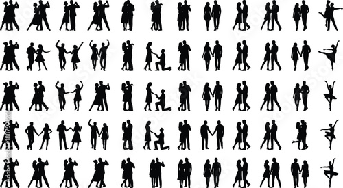 Romantic couple silhouettes collection showing love dance walking proposal hugging relationship moments isolated black figures white background illustrationt