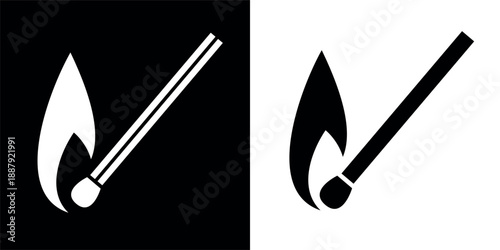 A burning match icon. Symbol of fire, conflagration, or bonfire. A symbol of a tourist, hunter, or soldier. A fire-starting element.