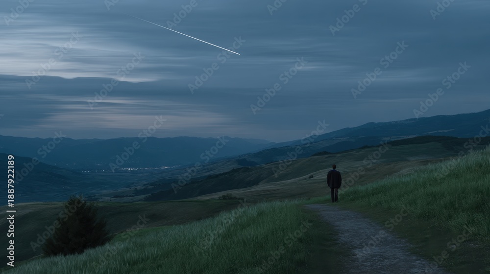 Fototapeta premium Serene Distant Figure on Hillside at Twilight with a Streaking Meteor Across the Sky