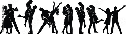 Romantic dancing couple silhouettes showing love embrace lift kiss joyful celebration relationship passion isolated black figures white background illustration