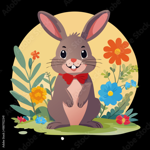 Cute brown rabbit animal sitting in a garden with colorful flowers and a red bowtie
