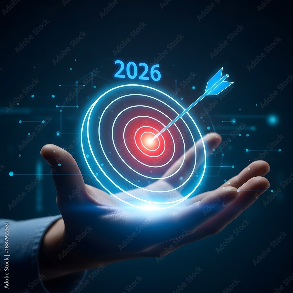 Fototapeta premium 2026 target vision with hand holding digital bullseye and arrow