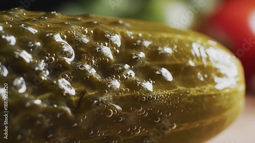 A detailed macro shot captures the vibrant green skin and textured surface of a fresh briny pickled cucumber highlighting its delicious and crunchy appeal as a classic snack or side dish.