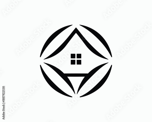 Abstract Black House Logo Encased in a Circular Frame on White Background home building