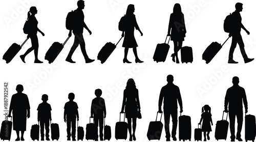 Travelers silhouettes with rolling luggage walking, tourism journey concept, airport passengers, family travel, vacation mobility, transportation, modern travel lifestyle illustration