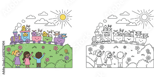 Cartoon train ride with cute animals and happy kids waving, spring landscape vector illustration with black and white coloring page outline.