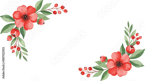 Watercolor floral border with red flowers and berries on white background
