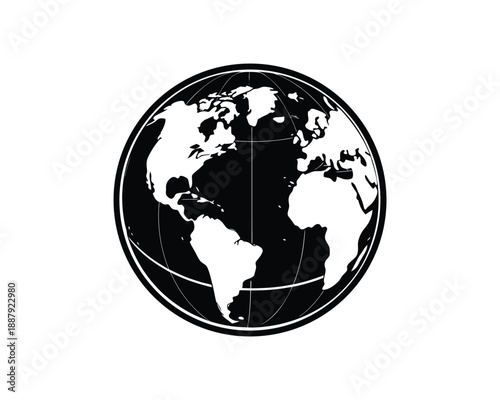 Stylized Black and White Globe Icon with Continents Visible world earth
