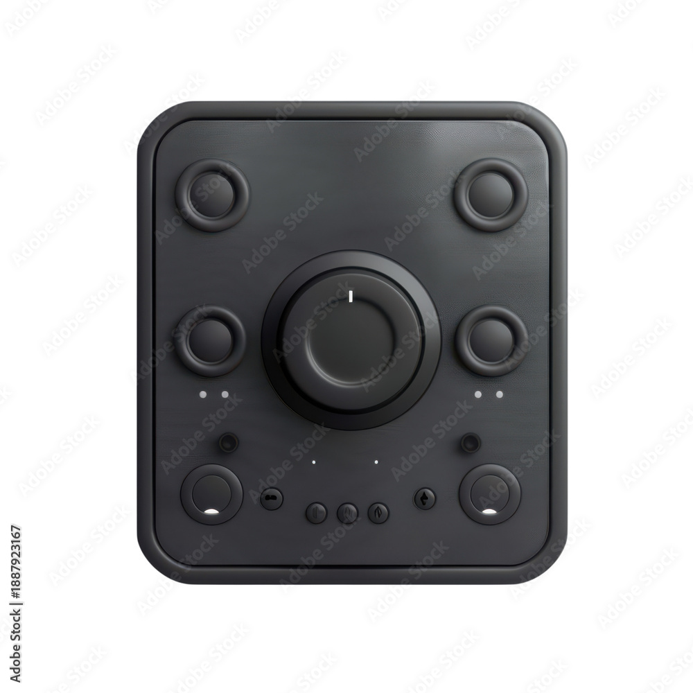 Fototapeta premium Black remote control with circular buttons and dial in matte finish on white background for technology product isolated on transparent background