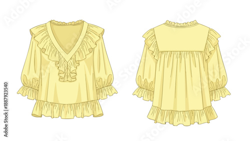 Yellow ruffled blouse technical drawing with V-neck, puff sleeves, and frilled hem. Front and back views provided for modern fashion design