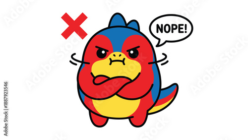 Cartoon Bird with Arms Crossed, "Nope!" Speech Bubble, Negative Concept