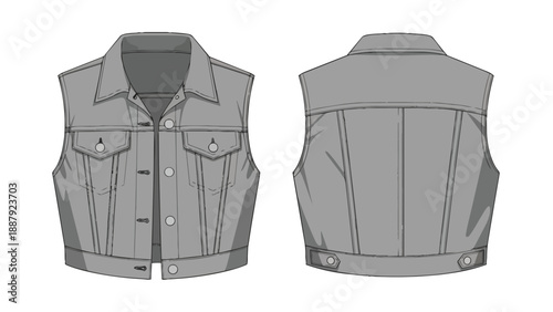 Modern sleeveless denim garment technical drawing illustration front and back views a versatile fashion design template for apparel and clothing