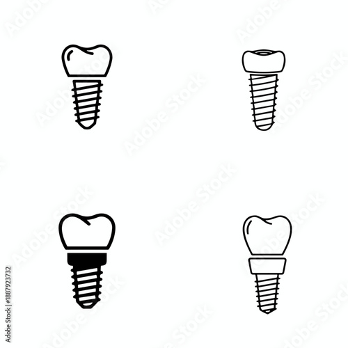 Dental implants of various styles on a white background set of four icons