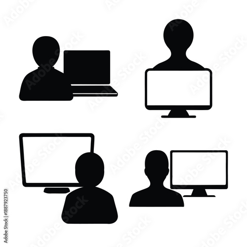 Set of user and computer device silhouette icons for digital interaction and work representation