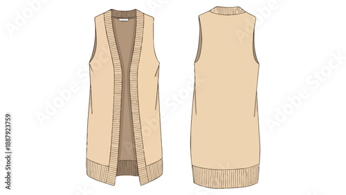 Technical flat sketch of a long sleeveless open front vest in soft neutral tone, showcasing front and back apparel design views