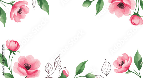 Watercolor pink roses and leaves border design element floral