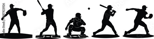 Baseball player silhouettes showing pitching batting and catching actions, professional sports movement sequence, athletic performance, competition, outdoor game