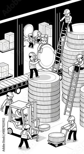 Warehouse workers loading and unloading barrels and containers.