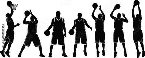 Basketball player silhouettes set showing dribble, jump shot, dunk and shooting poses, professional team sport action illustration design
