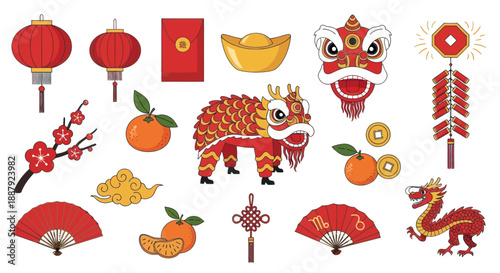 Chinese New Year Symbols Set: Dragon, Lion Dance, Lanterns, Oranges, Red Envelopes, Firecrackers