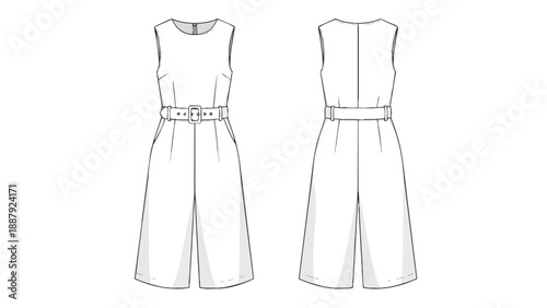 Sophisticated flat sketch of a sleeveless culotte jumpsuit with a belted waist, illustrating both front and back views for fashion pattern