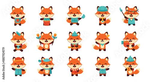 Set of Adorable Cartoon Fox Characters in Various Costumes