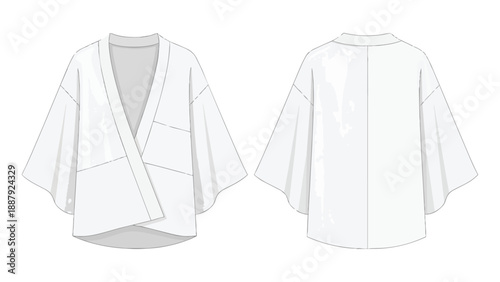 Technical flat sketch of an elegant oversized women's kimono style blouse, featuring precise front and back views for fashion design and pattern