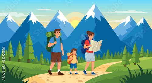 Happy family vector illustration on a hiking trip through a scenic mountain landscape with sun and trees