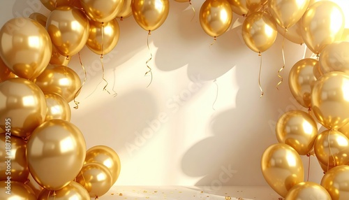 Party backdrop with golden balloons, soft shadows, blank space in middle