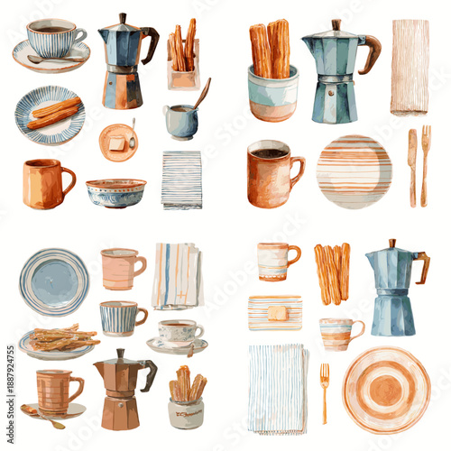 Cozy kitchen breakfast illustration with mugs plates bread jars and utensils. Warm morning dining concept with ceramic and metal tableware on light background.