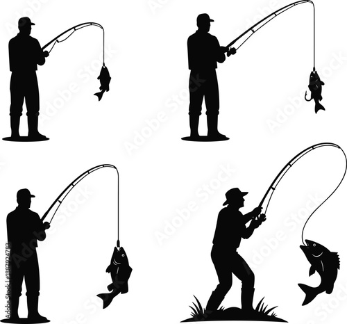 Fishing man silhouettes set showing angler catching fish with rod, outdoor leisure sport activity illustration for nature and hobby design
