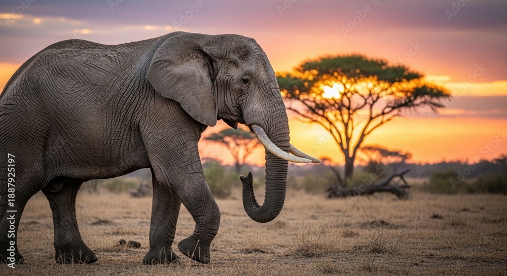 Obraz premium Majestic elephant roaming savannah at sunset with vibrant colorful sky