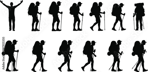 Hiking backpacker silhouettes set showing trekking, walking with poles and outdoor adventure poses, travel exploration illustration for nature design