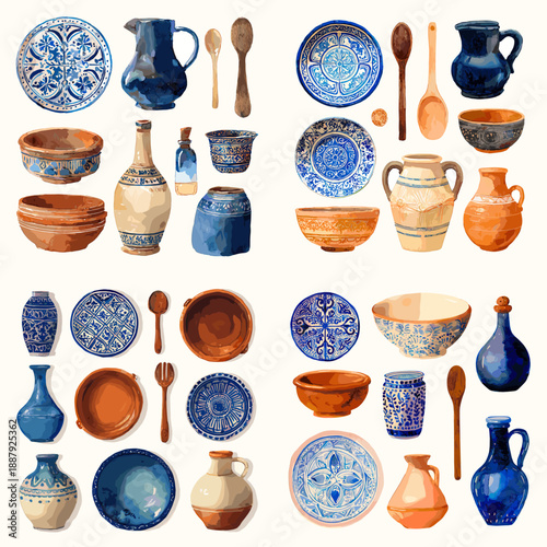 Blue ceramic pottery illustration with bowls plates jugs vases and decorative tableware. Classic handmade porcelain collection inspired by traditional craftsmanship.