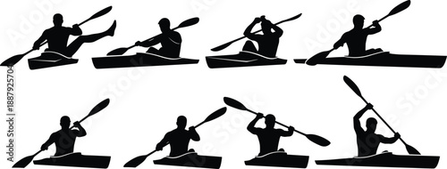 Kayaking athlete silhouettes set showing canoe paddling techniques, water sport action poses illustration for outdoor adventure and recreation design