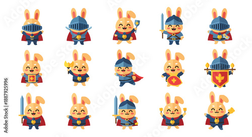 Cartoon Rabbit Knights Characters Fantasy Animal Warriors Set